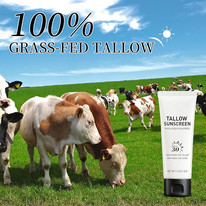 Beef Tallow Mineral Sunscreen SPF with Zinc Oxide – Natural Face & Body Sunblock, Non-Greasy Daily Sun Protection, Travel Size 2 oz
