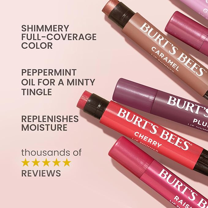 Burt's Bees Shimmer Lip Tint, Tinted Lip Balm Stick, Moisturizing for All Day Hydration with Natural Glowy Pigmented Finish & Buildable Color, Peony, 1 Tube, 0.09 oz.