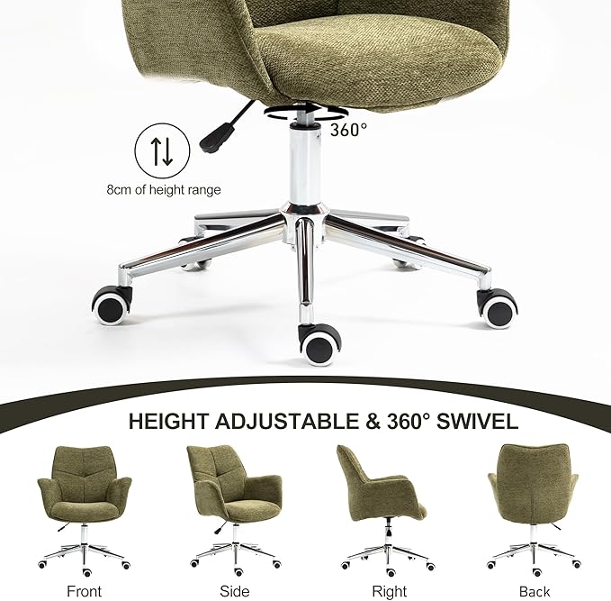 Home Office Desk Chair Swivel Ergonomic Computer Chair with Rolling Wheels, Adjustable Height Accent Armchair Upholstered Chenille for Living Room, Home Office, Study, Make Up, Green