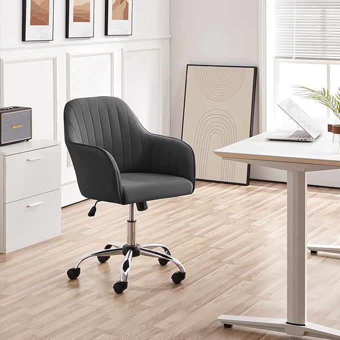 Yaheetech Modern Office Desk Chair Vanity Chair Comfy Upholstered Swivel Rolling Computer Armchair for Makeup Room Living Room Bedroom Dark Gray