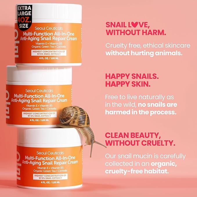 SeoulCeuticals Large 4oz 97.5% Snail Mucin Moisturizer Cream Korean Skin Care Day & Night Snail Repair for Face - K Beauty Anti Aging Facial Skincare (Pack of 2)