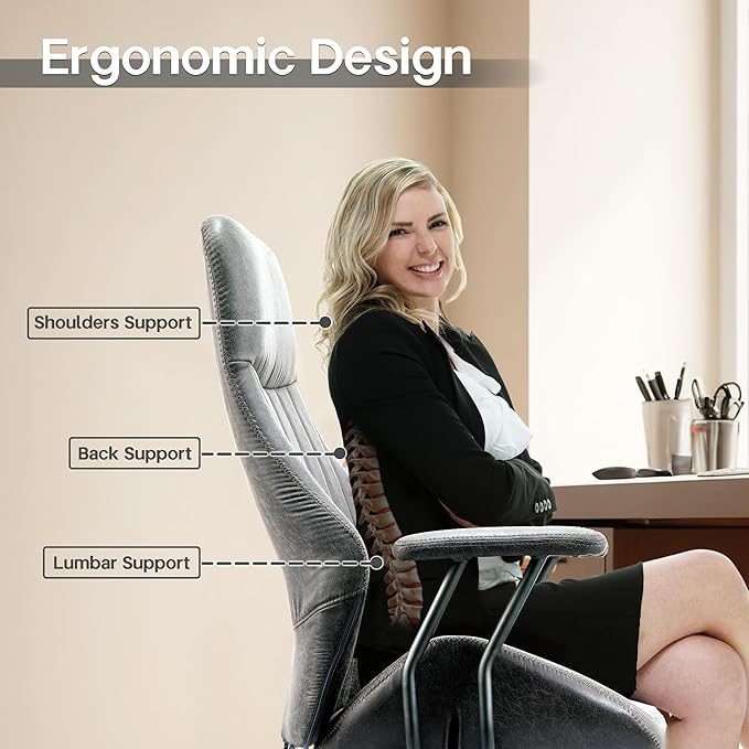 HOOOWOOO Faux Suede Leather Home Office Desk Chair,MCM Modern Ergonomic Task Work Chair,Computer Gaming Chair with Cushion Seat Lumbar Support Reclining High Back for Long Hours(Charcoal Grey)