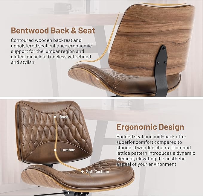 Walnut Bentwood Mid Back Armless Office Chair 2 Pack, Adjustable Height PU Leather Swivel Desk Chair with Wheels, Rolling Computer Task Chair for Home Office, Study, Meeting Room