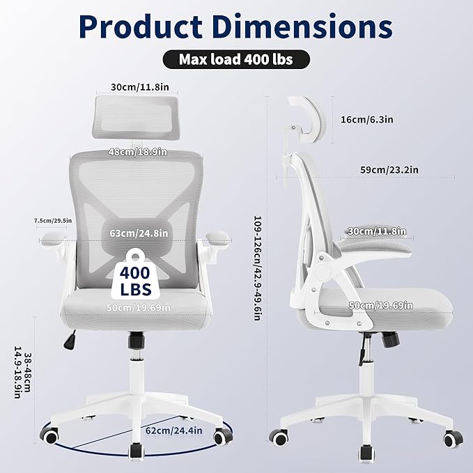 Office Chair,Ergonomic Desk Chair with Adjustable Lumbar Support,Gray Office Chair 400 Lbs Mesh Computer Chair High Back with Headrest for Home Office (Grey)