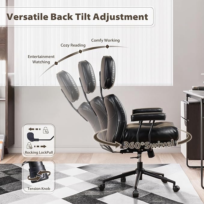 HOOOWOOO Ergonomic Office Chair,Mid Century Modern Computer Desk Chair,Comfy Executive Chair with Extra Wide Tufted Cloudy Seat Lumbar Support High Reclining Back,PU Faux Leather Black