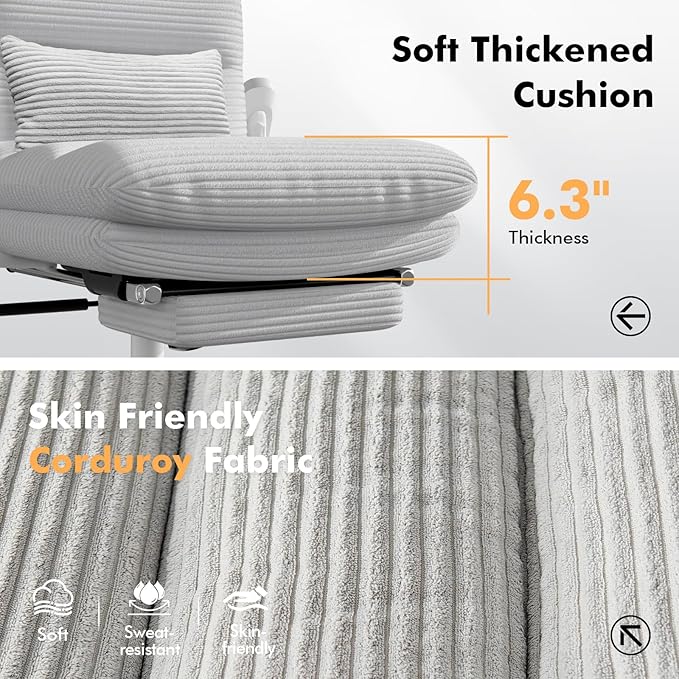 Criss Cross Chair with Wheels & Flip-up Arms, Executive Office Chair with Foot Rest, Swivel Cross Legged Office Chair with Lumbar Pillow, Corduroy Comfy Computer Desk Chair for Home, Grey