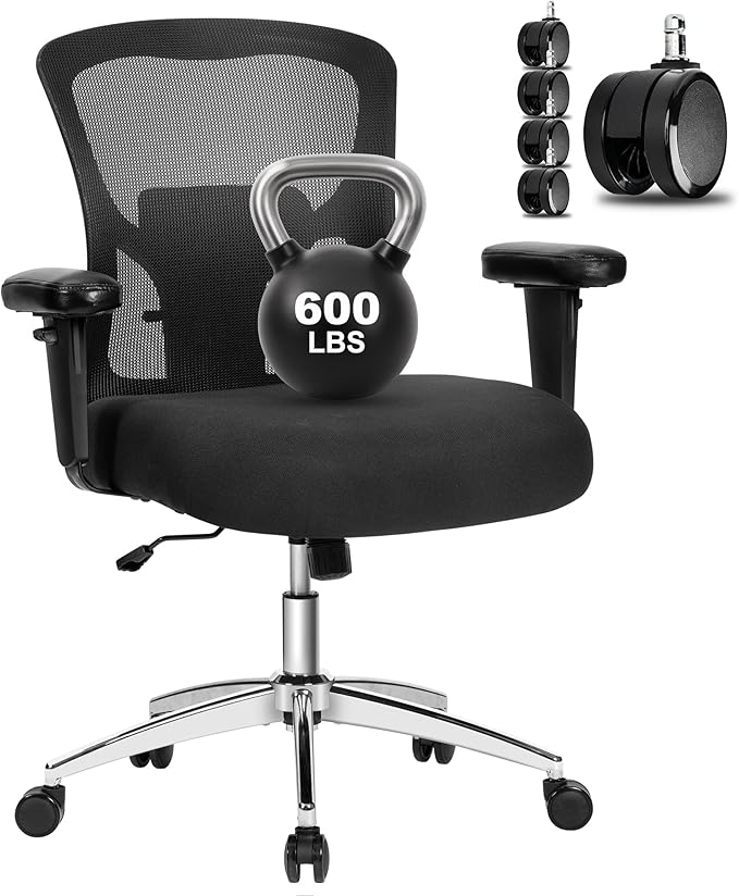 Bigroof Big and Tall Office Chair 600lbs, Heavy Duty Ergonomic Mesh Chair, Computer Executive Desk Chair with Wide Thick Seat, Adjustable Armrests, Lumbar Support (Black, 600LBS)