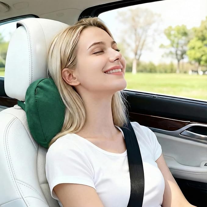 2PCS Car Pillow for Car Neck Pillow for Driving Seat Leather Neck Support Soft Cushion Back Support Head-Rests for Vehicle Sleeping with Elastic Adjustment Strap (Green, Head)