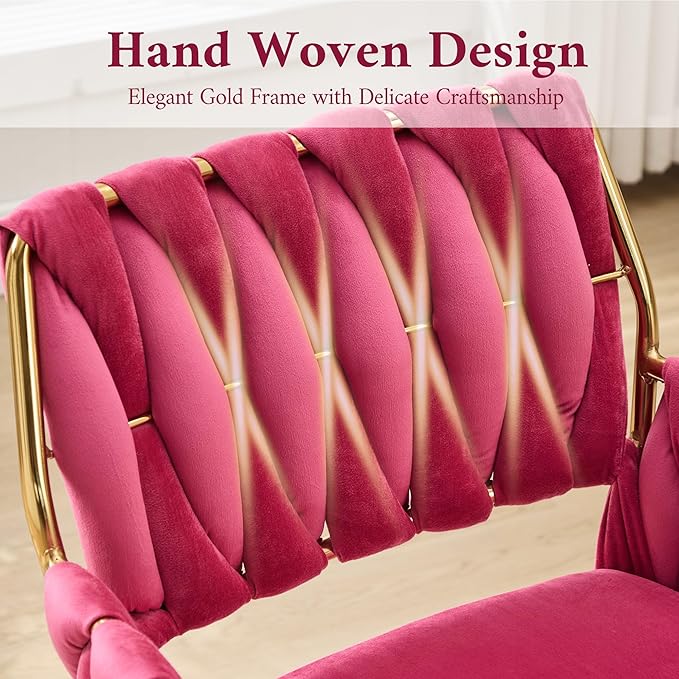 civama Velvet Office Desk Chair with Hand Woven Backrest, 360°Swivel & Height Adjustable Cute Girls Vanity Vlog Chairs, Nail Salon Bedroom Dressing Room Armchair with Gold Base and Wheels (Hot Pink)