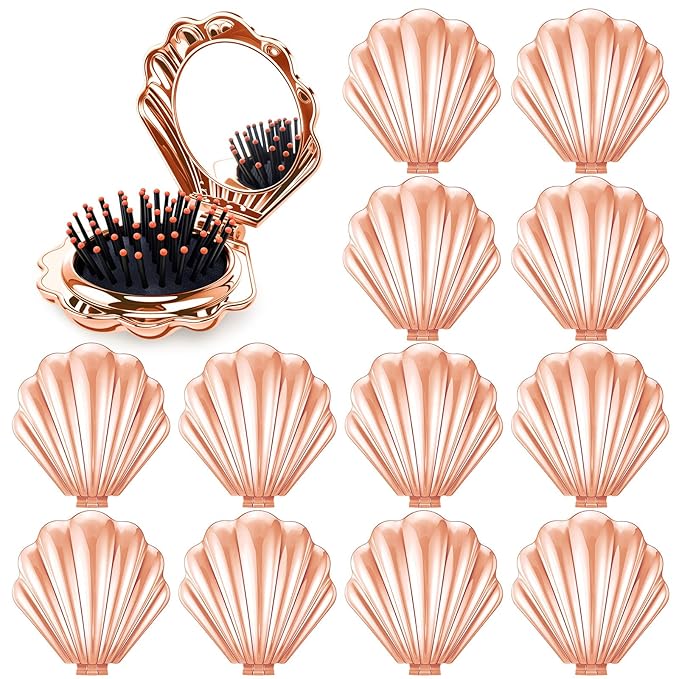 Meanplan 12 Pcs Mermaid Party Favors Shell Hair Brush with Mirror Foldable Mini Travel Pocket Hair Brush Compact Makeup Comb for Women Girls Valentines Day Birthday Gifts(Rose Gold)