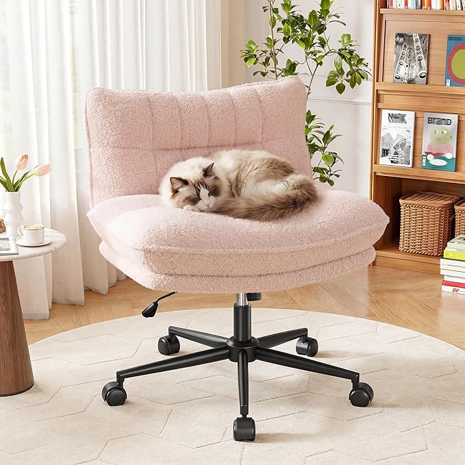 Criss Cross Chair with Wheels, 7" Extra Thick Cross Legged Office Chair, Height Adjustable Swivel Design for Home Office, Study & Vanity,Pink