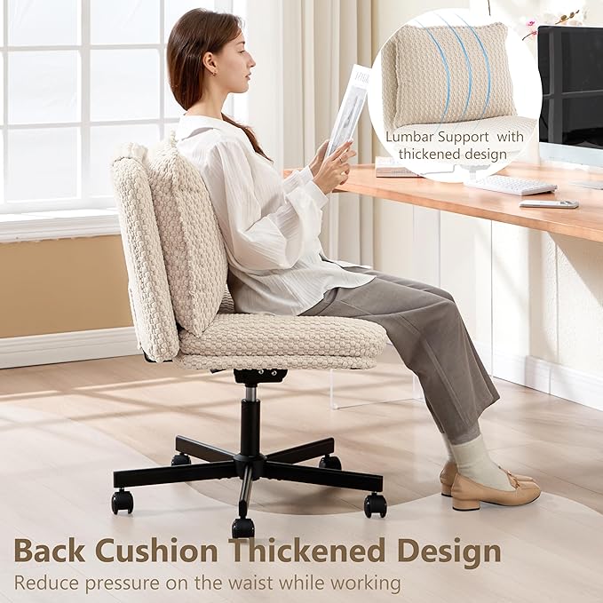 Fizzin Criss Cross Chair,Armless Cross Legged Chair with Wheels,Memory Foam Seat Office Desk Chair with Flipable Back Cushion,Mid Back Swivel Chair for Home Office,Bedroom Vanity (Beige)