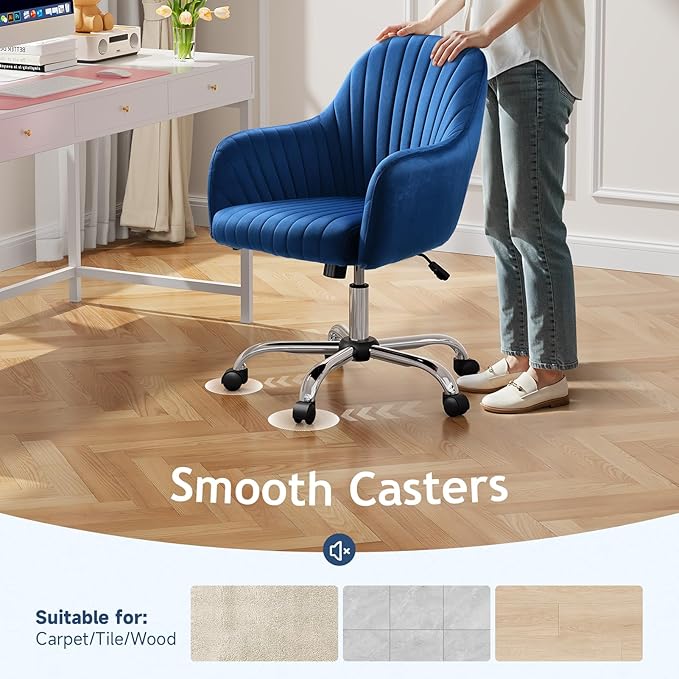 Warmiehomy Desk Chair, Velvet Office Chair for Home Office, Comfy Vanity Chair, Girl Cute Makeup Chair with Arm Rest for Bedroom Dressing Room, Dark Blue