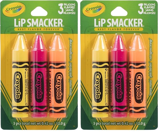 Lip Smacker Crayola Crayon Flavored Lip Balm - Moisturizing, Soothing Trio Banana Mania, Pink Sherbert, & Outrageous Orange (Pack of 2)