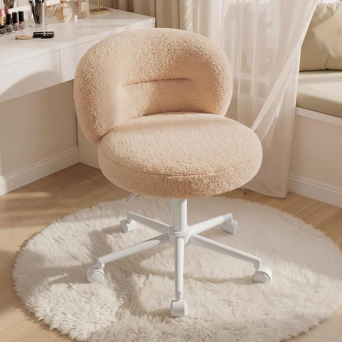 Small Round Vanity Chair with Back, Armless Home Office Desk Chairs, Height Adjustable & 360° Swivel, Cute Comfy Vanity Computer Chair for Bedroom, Home Office, Yellow