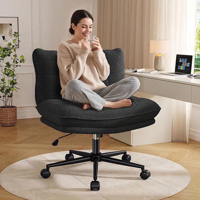 Criss Cross Chair with Wheels, 7" Extra Thick Cross Legged Office Chair, Height Adjustable Swivel Design for Home Office, Study & Vanity,Black