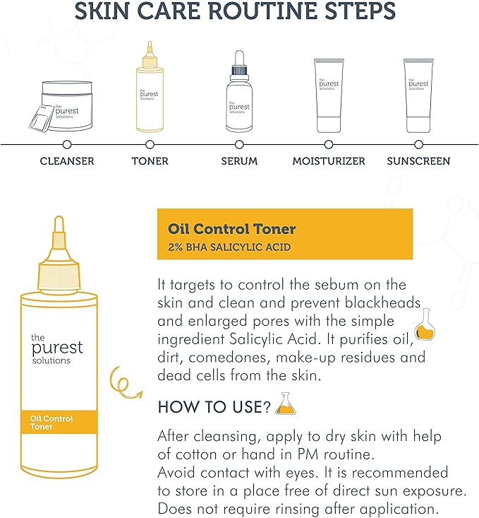 The Purest Solutions Oil Control Toner (2% BHA Salicylic Acid) - Oily, Pore Balancing Toner for Acne & Scarred Skin - Blackhead Targeted Formula - Vegan | Cruelty Free | Eco Friendly (6.76 fl. oz)