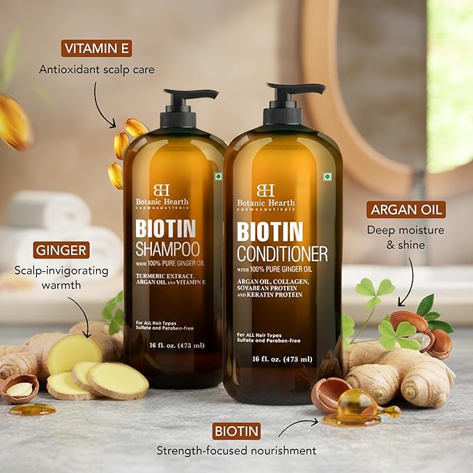 Botanic Hearth Biotin Shampoo and Conditioner Set - with Ginger Oil & Keratin for Hair Loss and Thinning Hair for Men and Women - Sulfate Free, 16 fl oz each