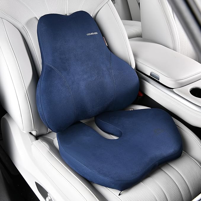 Coverado Memory Foam Car Seat Cushion and Lumbar Support Pillow for Car, Ergonomic Office Chair Cushion for Lower Back Pain Relief, Breathable & Non-Slip for Car, Home, and Office Use, Blue