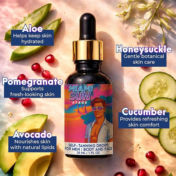 MIAMI SUN STAGE Self Tanning Drops for Men - Medium to Dark Tan (Skin Type 2-3) - Face & Body Bronzer Mixer - Natural Sunless Tanner with Aloe, Avocado - Vegan & Non-Sticky, 1 fl oz