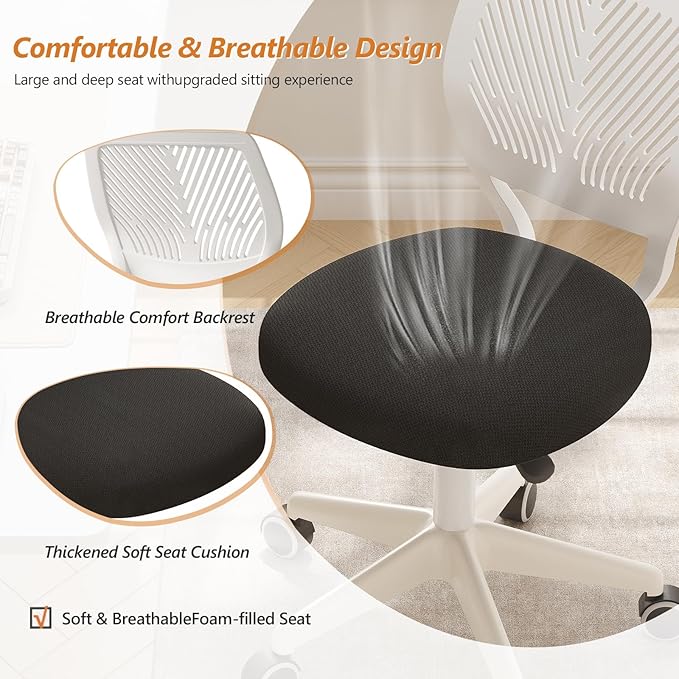 Armless Desk Chair Swivel Office Rolling Chair with Soft Padded Cushion, Height Adjustable Small Task Chair, Ergonomic Study Computer Chair for Kids Girls Boys Teens (Black White, 4PCS)