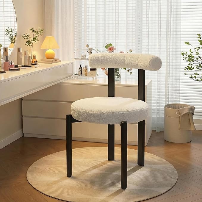 Kiztir Vanity Chair No Wheels Upholstered Teddy Vanity Chair with Back Home Office Desk Chair Boucle Accent Chair Modern Reading Chair Armchair Living Room, Bedroom (Beige)