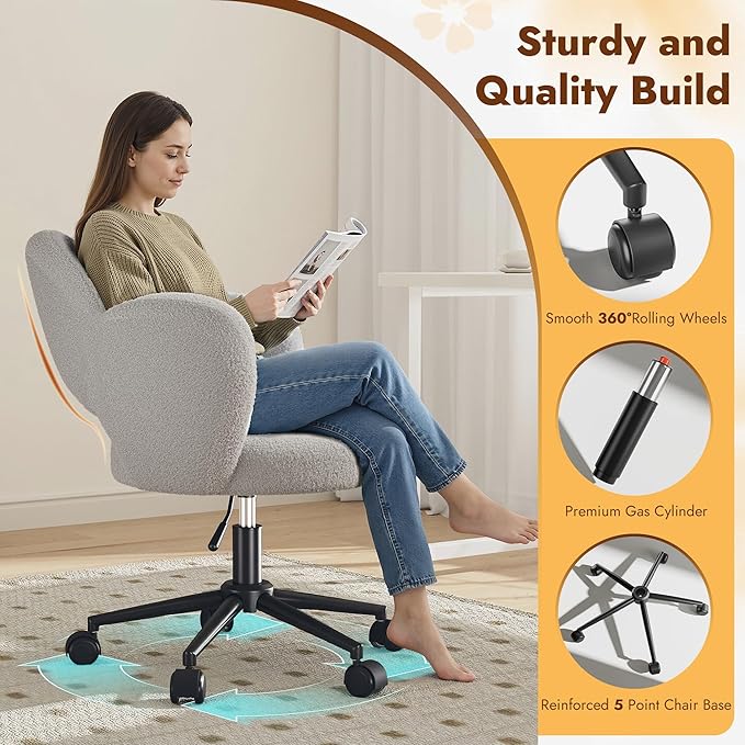 Petal Vanity Chair, Cute Vanity Chair with Wheels, Height Adjustable, Velvet Desk Chair for Study, Makeup & Relaxation, Grey
