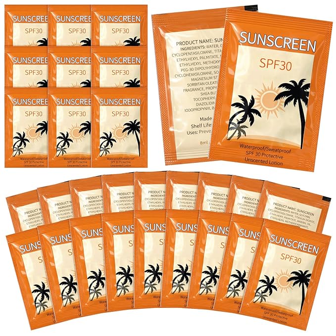 Leelosp Pack of 100 Mini Sunscreen Packets Bulk SPF 30+ Travel Size Sunscreen Lotion Moisturizing for Summer Party Favors Thank You Gifts