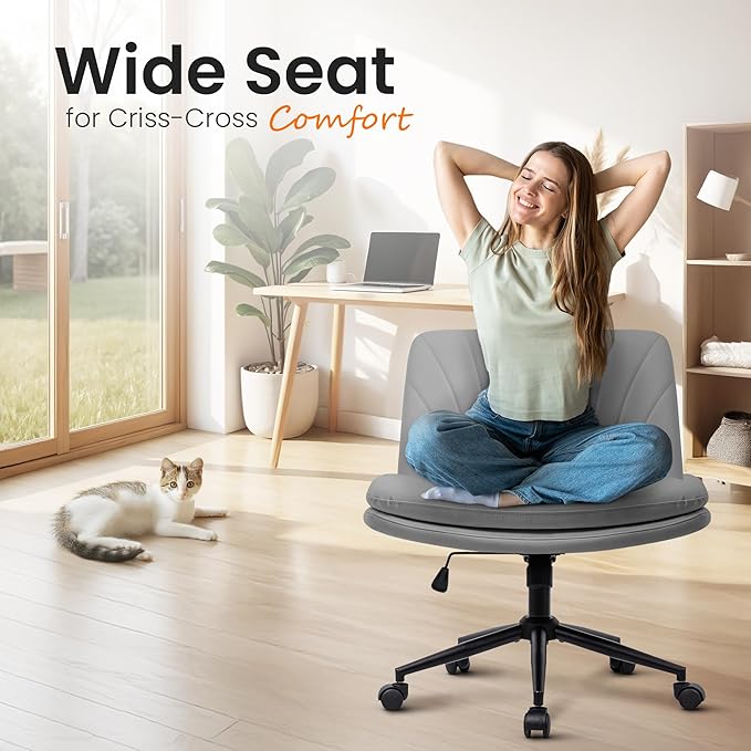 NEO Chair Criss Cross Chair with Wheels Armless Cross Legged Office Desk Wide Comfy Vanity Makeup Chair Adjustable Swivel Rolling Computer for Home Office PU Leather (Grey)