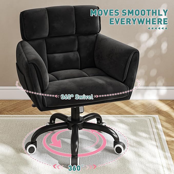 Home Office Chair with Wheels Soft-Touch Material,Modern Cute Vanity Chair with Back Adjustable Height Upholstered Comfy Desk Chairs with Side Pockets for Bedroom,Black