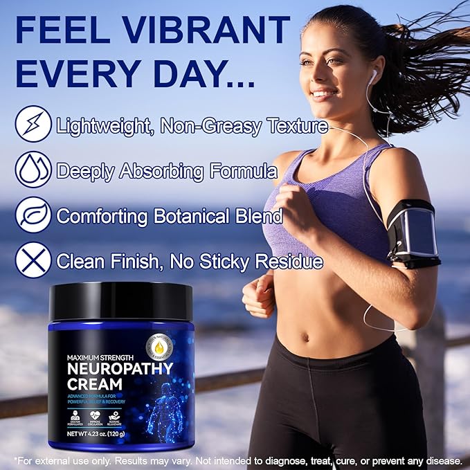 Neuropathy Cream Extra Strength Nerve Relief Cream for Feet, Legs, Neck, Back, Hands, Body – Lightweight, Plant-Based Formula with Cooling Comfort, 4 oz