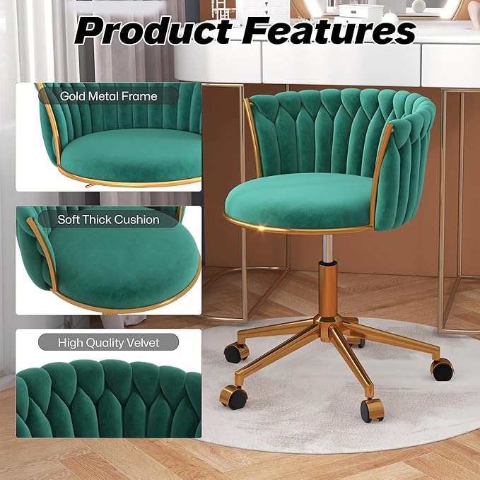 Velvet Woven Home Office Chair, Modern Swivel Desk Chair with Wheels, Height Adjustable Vanity Chair with Gold Metal Base and Hand Weaving Back for Bedroom Study Small Space, Green
