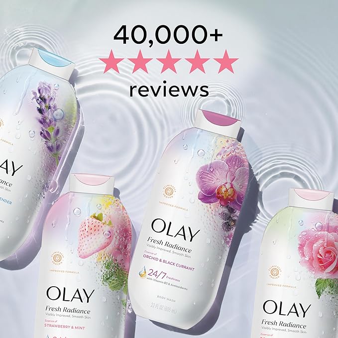 Olay Body Wash for Women, Fresh Radiance, 24/7 Skin-Loving Freshness, Visibly Radiant, Plant Based Cleansers, Vitamin B3 & Antioxidant Blend, For All Skin Types, Strawberry & Mint Scent, 29 fl oz