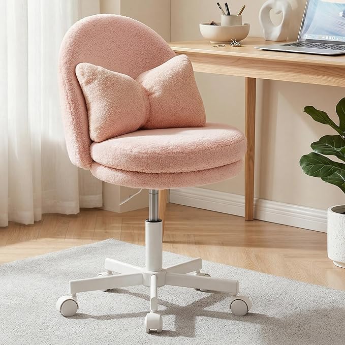 GTPOFFICE Vanity Chair with Back, Adjustable Tall Office Chair High Swivel Bar Stools Fluffy Cute Desk Chair Comfy with Wheels Bow Pillow Armlees for Adults Standing Desk Bar, Soft Velvet, Pink