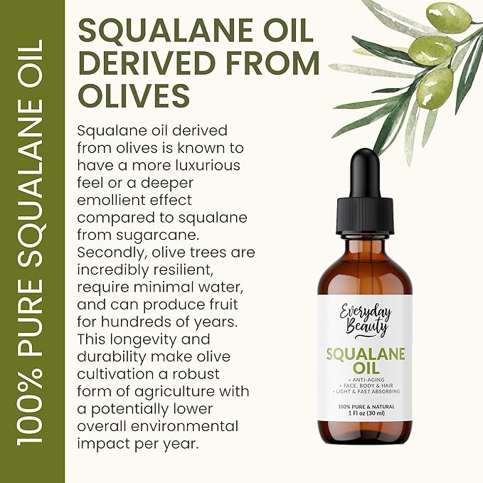 Squalane Oil - 100% Pure & Natural Plant Derived Facial Oil 1 Fl Oz Glass Bottle & Dropper - Cold Pressed and Unrefined Premium Grade Multipurpose Moisturizing Oil For Skin and Hair
