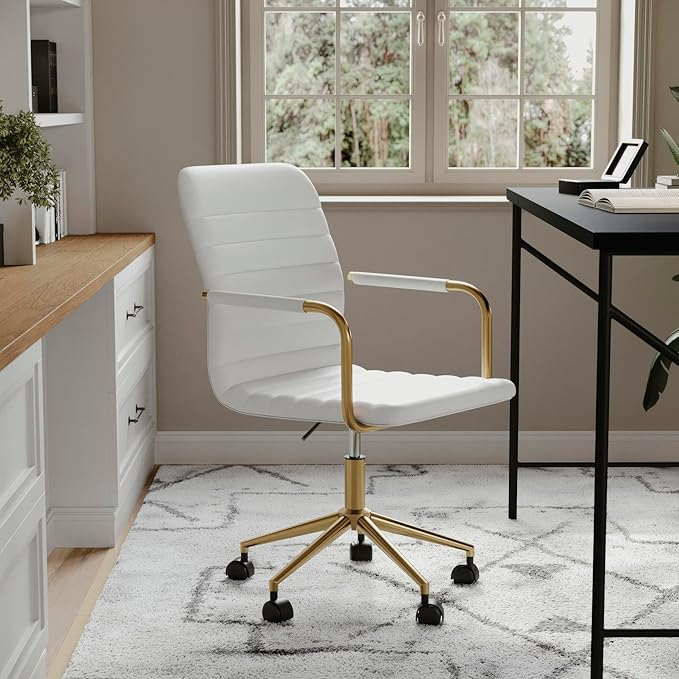 Martha Stewart Taytum Swivel Task Chair with Armrests for Home Office in White Faux Leather with Polished Brass Frame