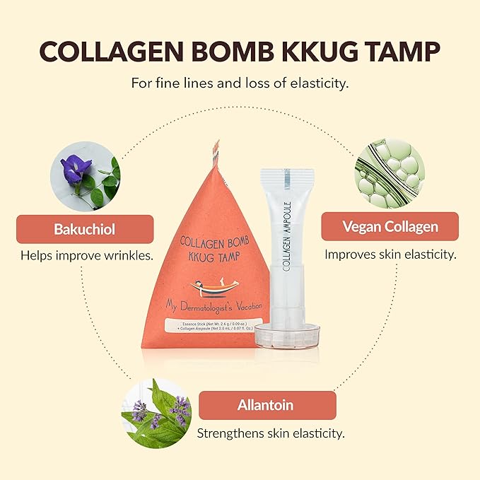 My Dermatologist's Vacation, COLLAGEN BOMB KKUG TAMP – Double-Acting Beauty Device with Micropoint ESSENCE STICK & AMPOULE, Korean Skincare Facial Serum Kit, 8 Single-Use Sets (2 Pieces Per Use)