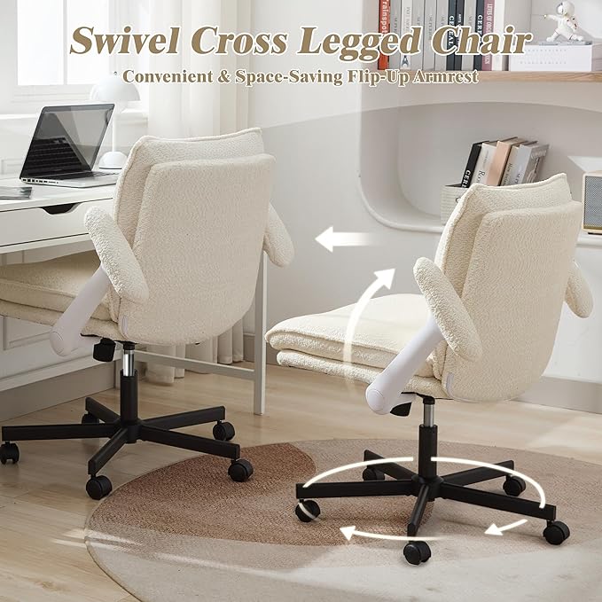 Criss Cross Legged Office Chair with Wheels and Flip-Up Arms, Upholstered Criss Cross Desk Chair, Wide Seat Chairs for Home Office, Vanity, Apartment, Beige
