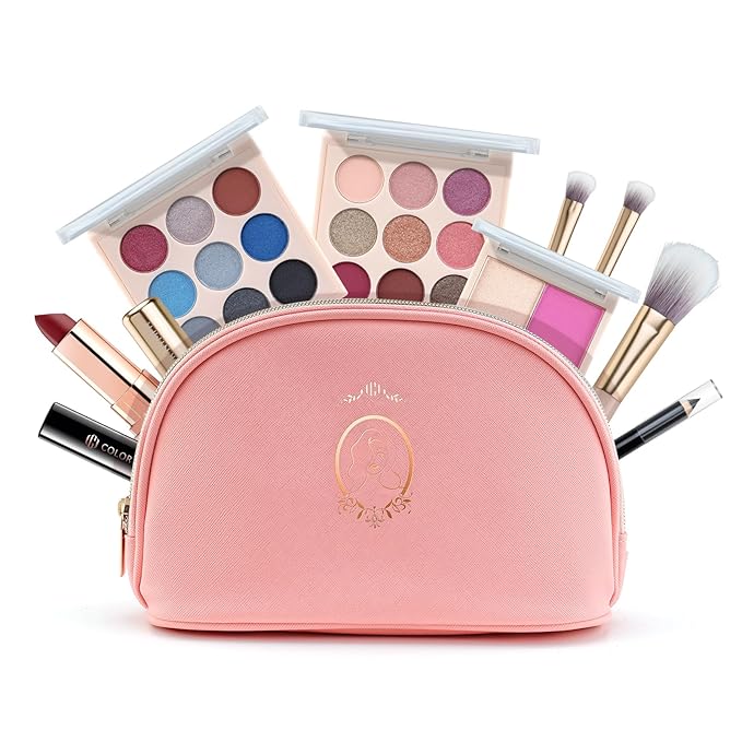 Color Nymph Makeup Kit For Teens Girls, All In One Girls Makeup Sets with Cosmetic Pink Makeup Bag Includes 18 Color Eyeshadow Palette Blush Lipstick Lip Pencil Eye Pencil Brush Mascara