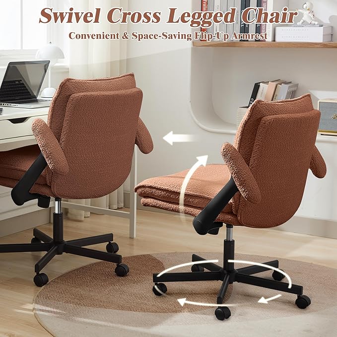 Criss Cross Legged Office Chair with Wheels and Flip-Up Arms, Upholstered Criss Cross Desk Chair, Wide Seat Chairs for Home Office, Vanity, Apartment, Orange