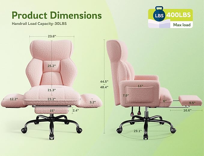 Big and Tall Office Chair with Adjustable Arms and Back, Ergonomic Office Chair with Footrest and Comfortable Fabric for Home Office, Bedroom,Pink