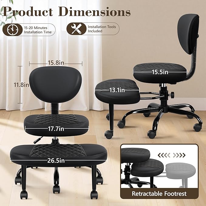Ergonomic Cross Legged Office Chair with Wheels - Adjustable Height for Meditation, ADHD Desk & Yoga - Wide Criss Cross Design with Lumbar Support, Kneeling Chair - Black