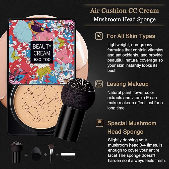 NUIBO 2PCS Air Cushion CC Cream Mushroom Head, Moisturizing Concealer Makeup Base, Primer Liquid Foundation Long Lasting with Two Mushroom Makeup Sponges 【Natural X 2】
