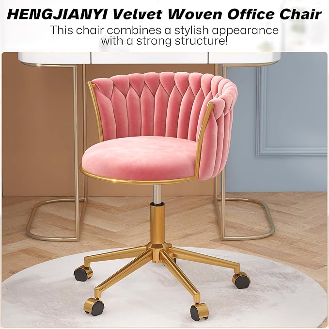 Velvet Woven Home Office Chair, Modern Swivel Desk Chair with Wheels, Height Adjustable Vanity Chair with Gold Metal Base and Hand Weaving Back for Bedroom Study Small Space, Pink