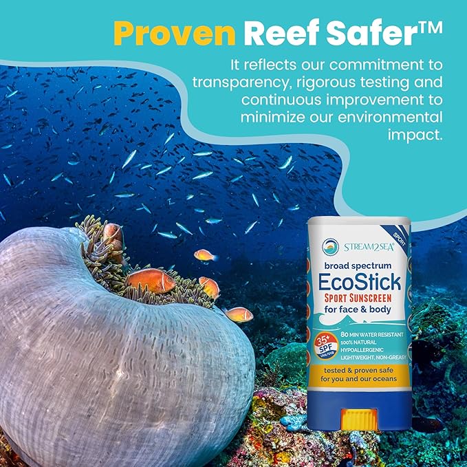 STREAM2SEA EcoStick SPF 35 Mineral Sunscreen Stick, Sweat Water Resistant Sunblock, USDA Approved Biodegradable Paraben Free Reef Safe Sunscreen Protection Against UVA UVB (EcoStick Sport) - 0.5 oz