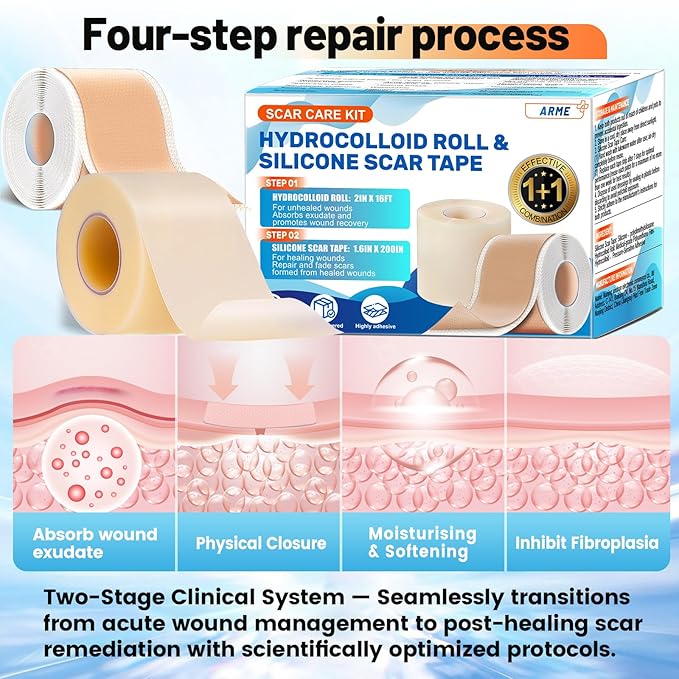 Arme Hydrocolloid Roll for Wound Care, Hydrocolloid Bandages(2in*16ft)&Scar Sheets(2in*16ft) First Aid Kit, Ultra Absorbent Medical Grade Hydrocolloid Tape with Self-Adhesive for Burn Acne Blister