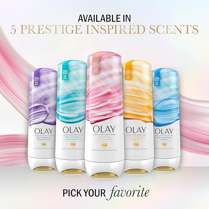 Olay Body Wash for Women,Indulgent Moisture,24hr Moisturizing & Nourishing Formula,Infused with Vitamin B3 Complex,Luxurious Fragrances,Rose & Cherry Creme Scent,20 fl oz,(Pack of 2)