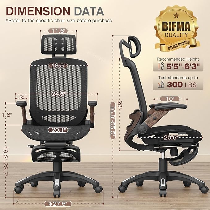 GABRYLLY Ergonomic Office Chair with Footrest, High Back Mesh Computer Chair with Flip-Up Arm, 3D Headrest, 135° Reclining, Rolling Gaming Task Chair with Wide Seat Lumbar Support,300LBS
