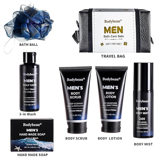 Men's Bath and Body Spa Gift Set - 7-Piece Kit with 3-in-1 Shower Gel, 2-in-1 Handmade Soap and Travel Bag - Father's Day/Birthday Christmas Gifts for Dad, Husband, Boyfriend and Friends