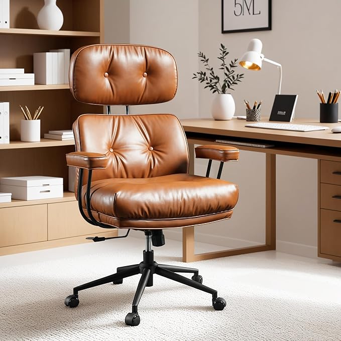 ovios Ergonomic Office Chair, High Back Faux Leather Executive Chairs with Thick Cushion, Comfy Mid-Century Modern Swivel Rolling Computer Armchair (Brown, PU Leather)